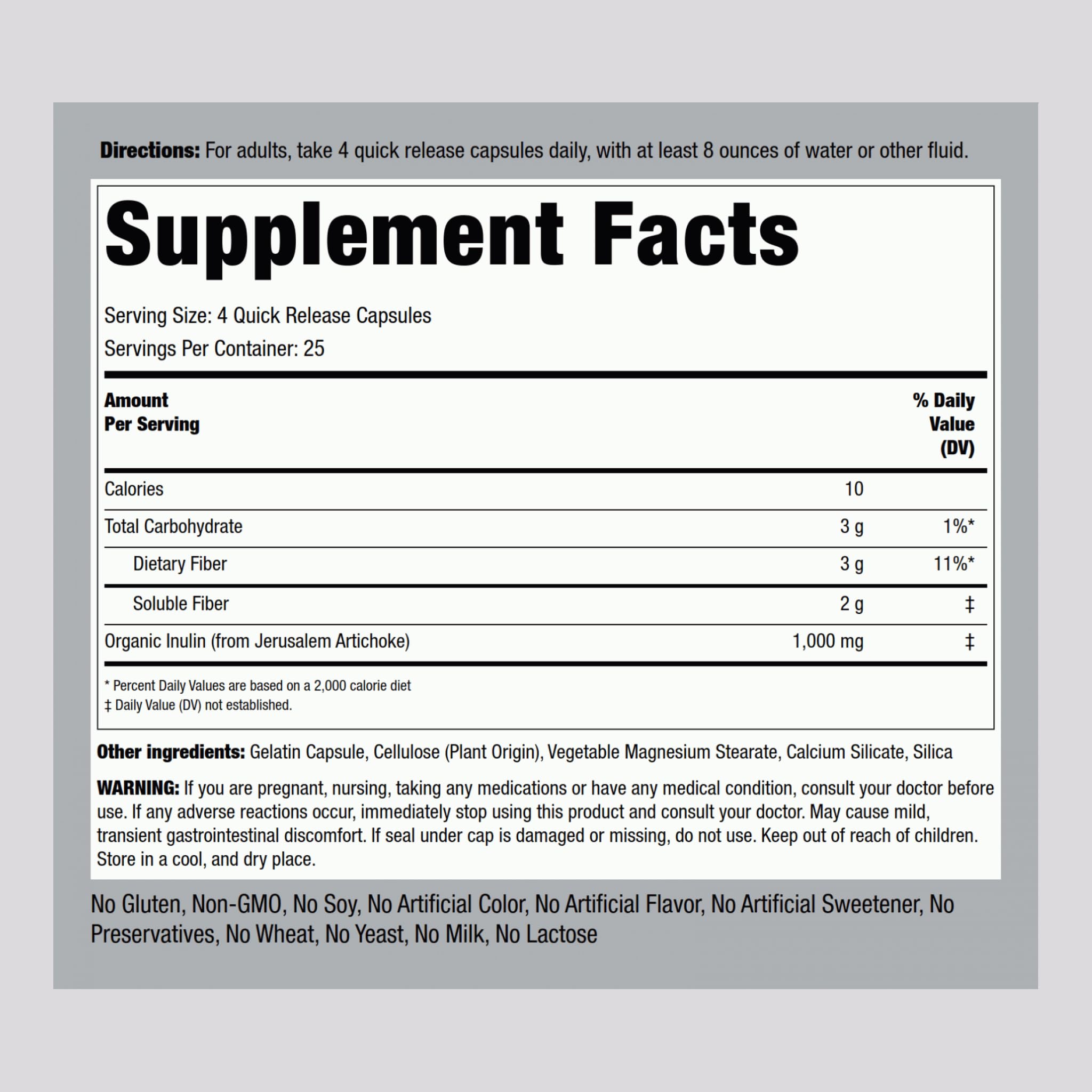 Piping Rock Organic Inulin Capsules 1000 mg - 100 Count | Low Glycemic Fiber | Non-GMO, Gluten Free (Pack of 2)