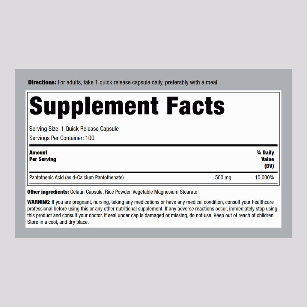 Piping Rock Pantothenic Acid 500mg – 100 Capsules | Calcium d-Pantothenate | Non-GMO, Gluten Free