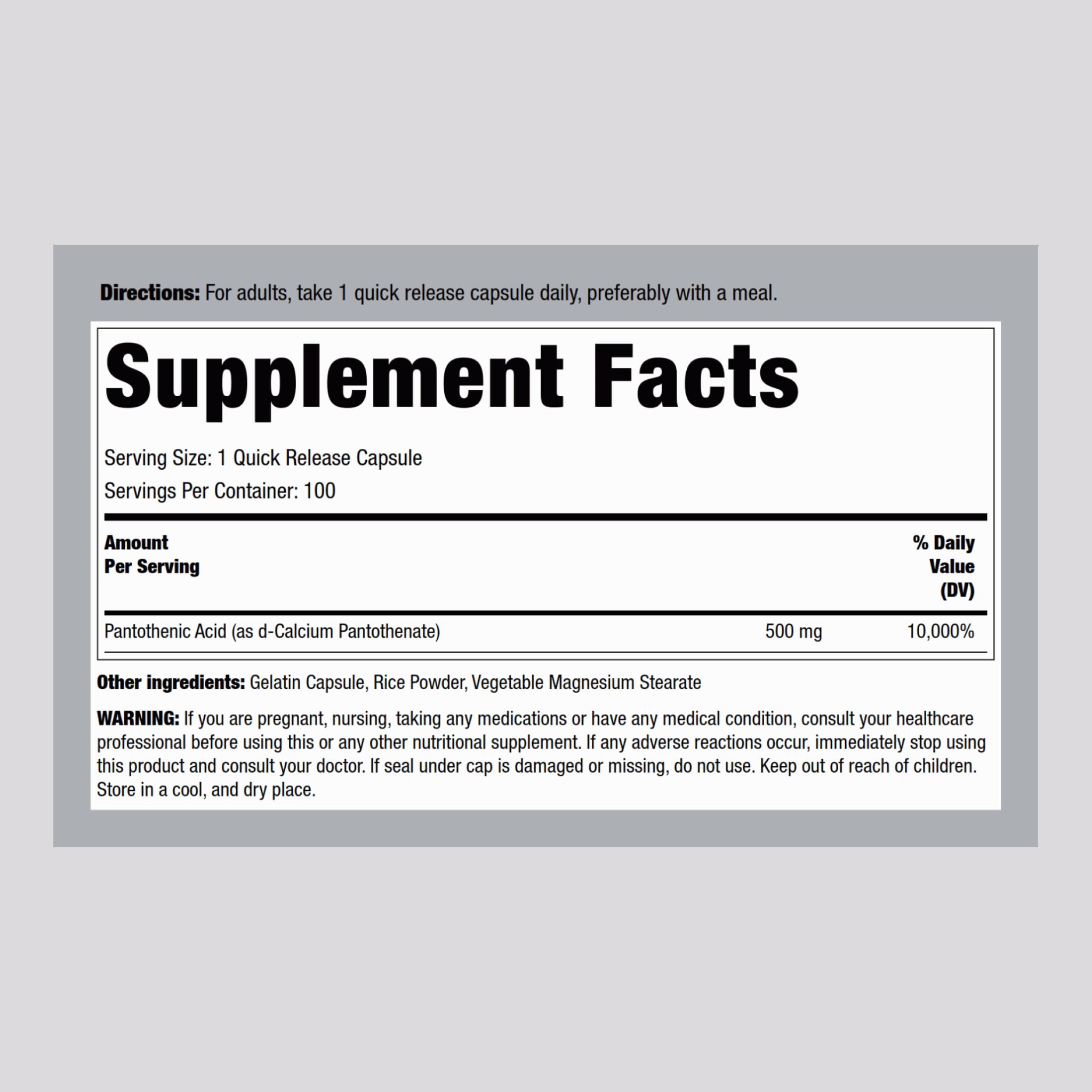 Piping Rock Pantothenic Acid 500mg – 100 Capsules | Calcium d-Pantothenate | Non-GMO, Gluten Free