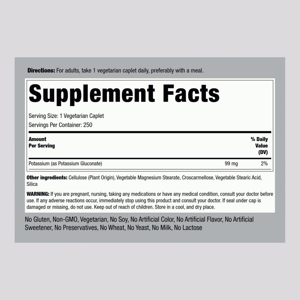 Piping Rock Chelated Potassium 99 mg – 250 Caplets | Potassium Gluconate