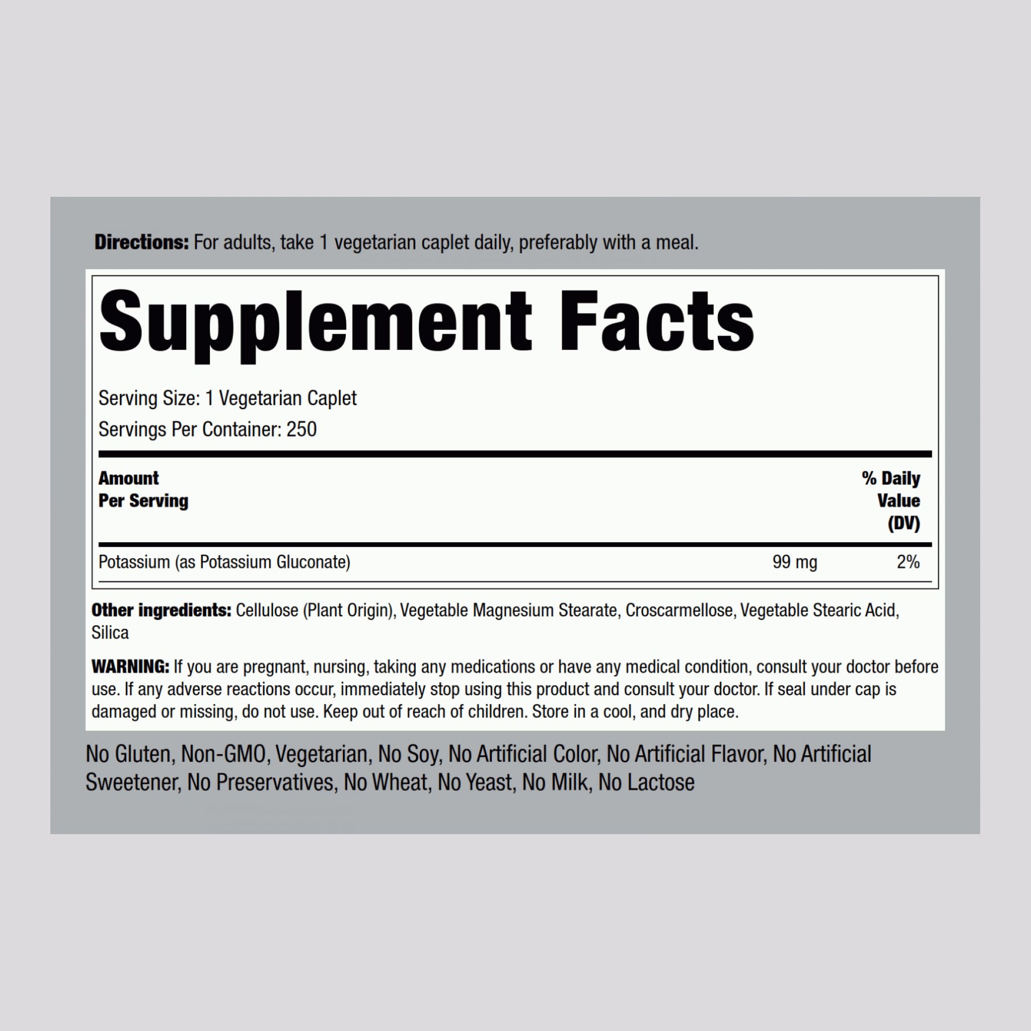 Piping Rock Chelated Potassium 99 mg – 250 Caplets | Potassium Gluconate