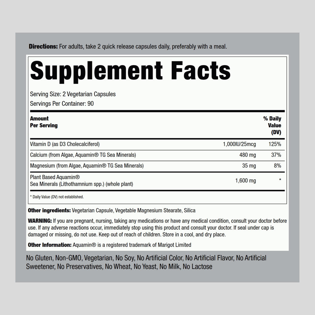 Piping Rock Red Mineral Algae | Vegetarian Calcium | 180 Capsules | Plant Based Plus Trace Minerals | Plus D3 1000 IU | Non-GMO, Gluten Free Supplement (Pack of 2)