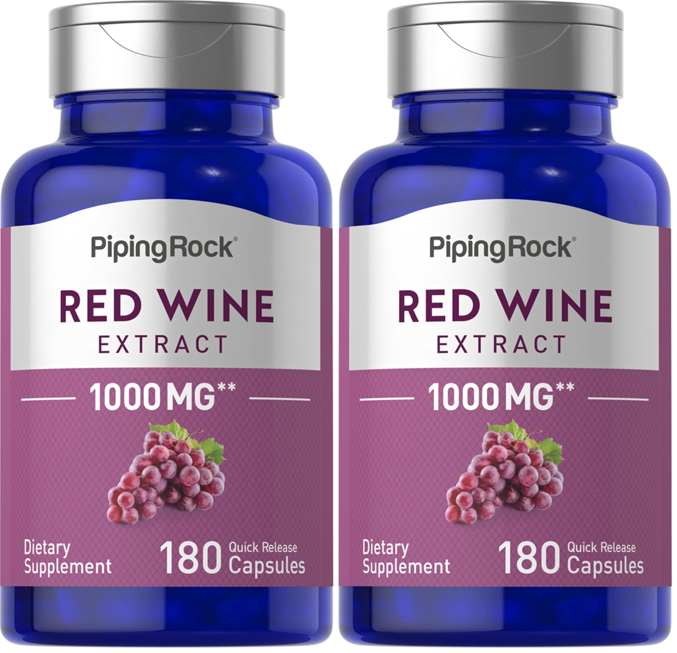 Piping Rock Red Wine Extract Capsules 1000mg | 180 Count | Non-GMO, Gluten Free Supplement (Pack of 2)