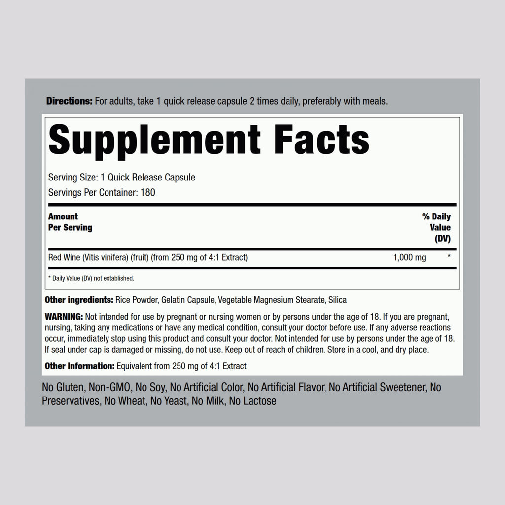Piping Rock Red Wine Extract Capsules 1000mg | 180 Count | Non-GMO, Gluten Free Supplement (Pack of 2)