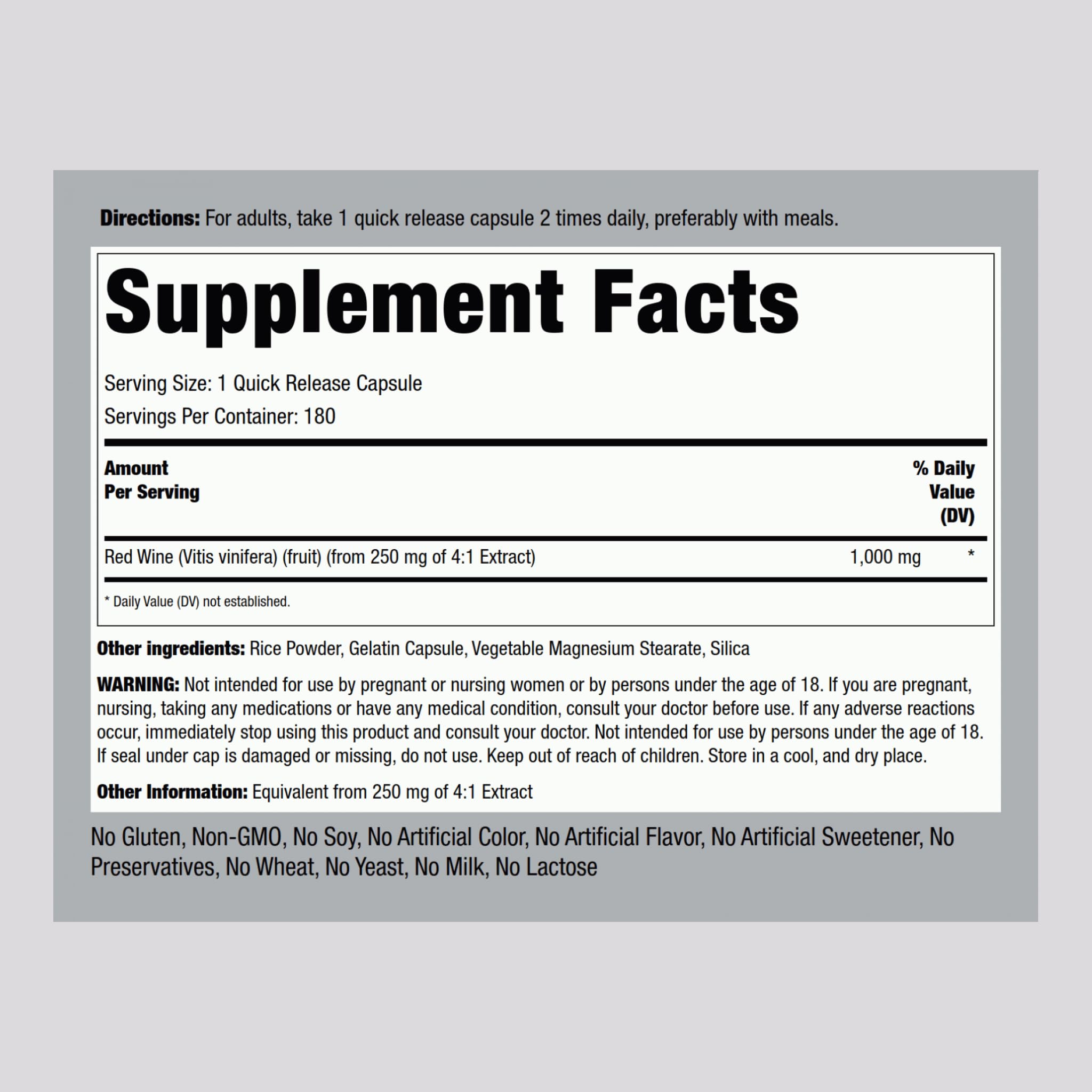 Piping Rock Red Wine Extract Capsules 1000mg | 180 Count | Non-GMO, Gluten Free Supplement (Pack of 2)