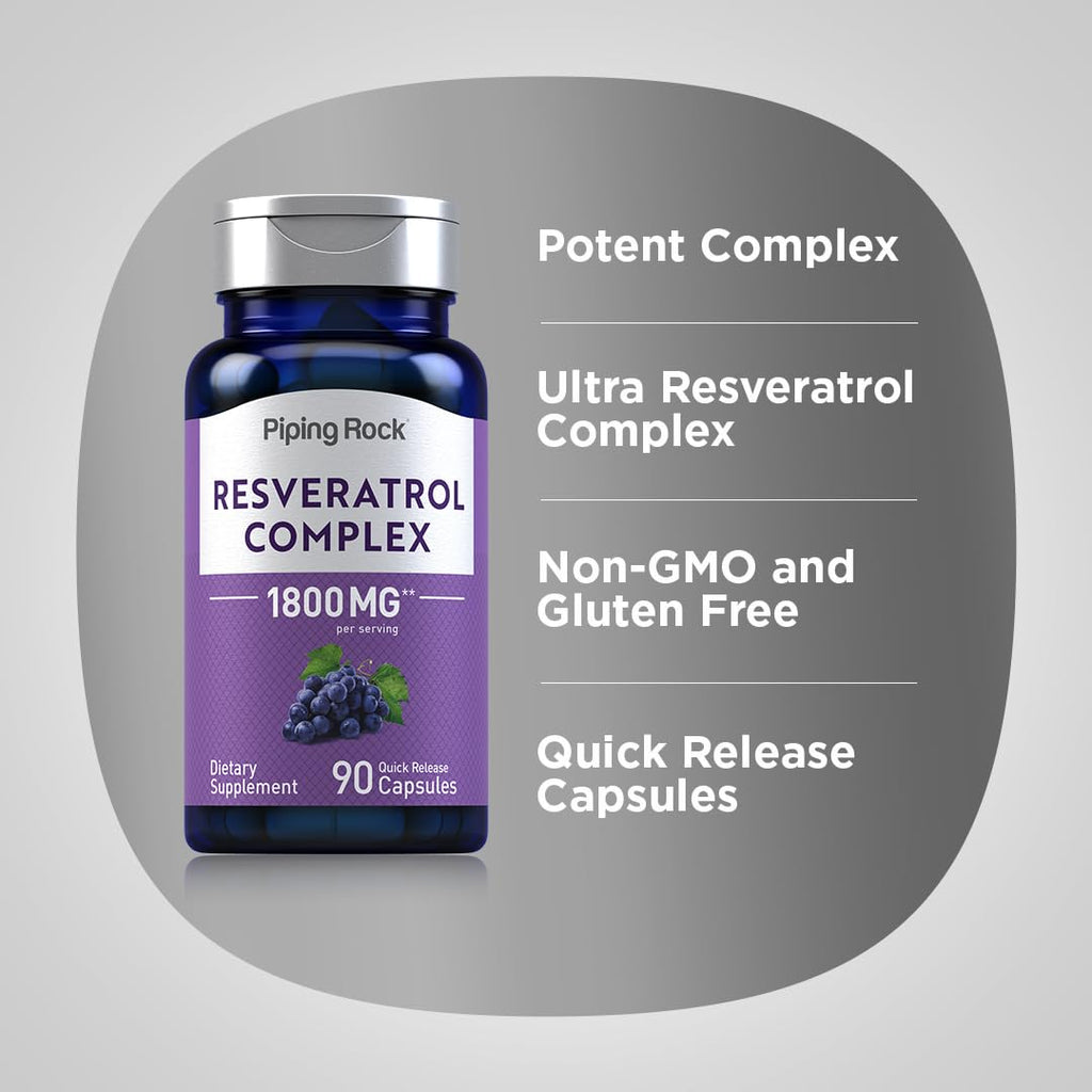 Piping Rock Resveratrol Complex 1800 mg | 90 Capsules | Ultra Potent | Non-GMO, Gluten Free Supplement (Pack of 2)