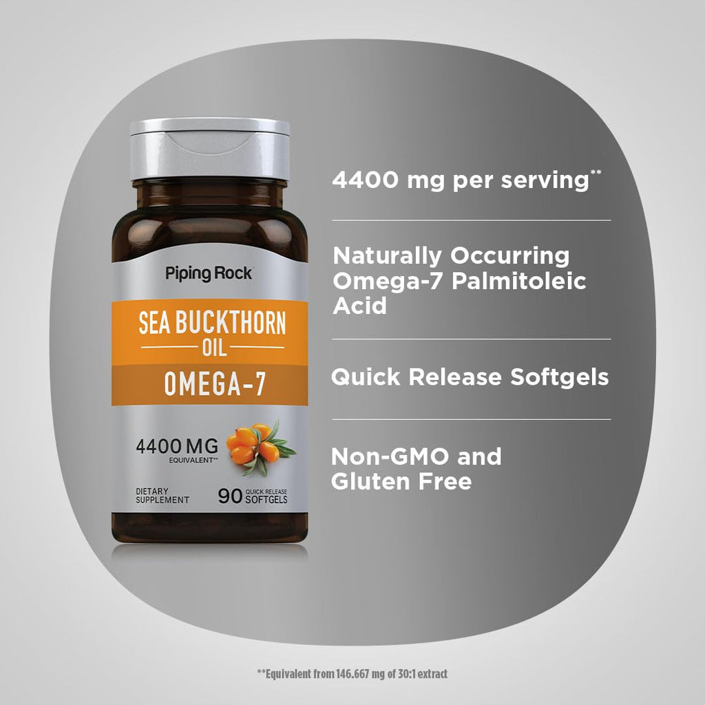 Piping Rock Sea Buckthorn Oil Capsules 4400mg | 90 Softgels | Omega-7 | Gluten Free, Non-GMO (Pack of 2)