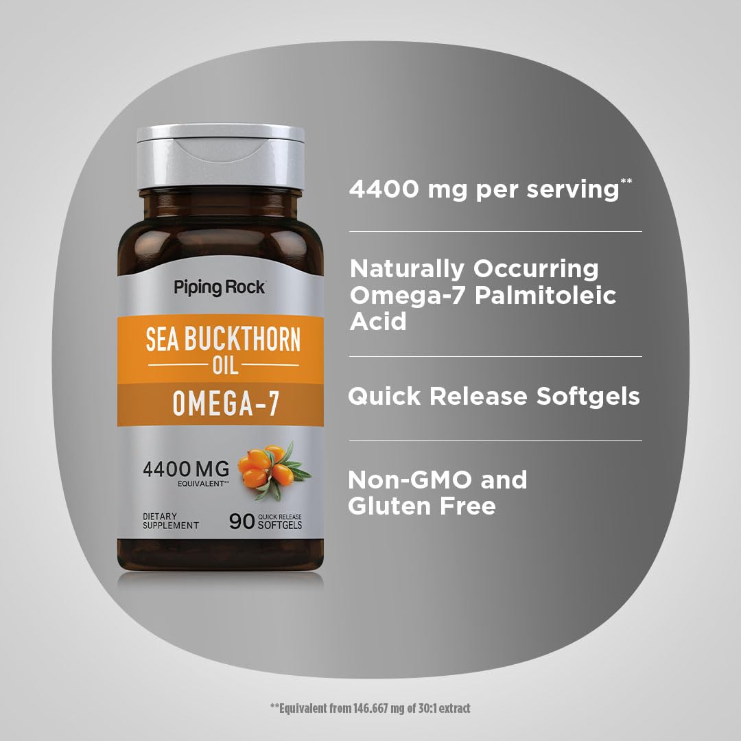 Piping Rock Sea Buckthorn Oil Capsules 4400mg | 90 Softgels | Omega-7 | Gluten Free, Non-GMO (Pack of 2)