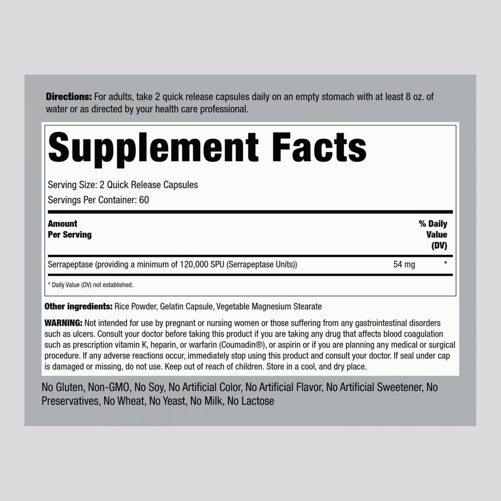 Piping Rock Serrapeptase 120000 SPU - 120 Capsules | Extra Strength Digestive Enzyme | Non-GMO, Gluten Free (Pack of 2)