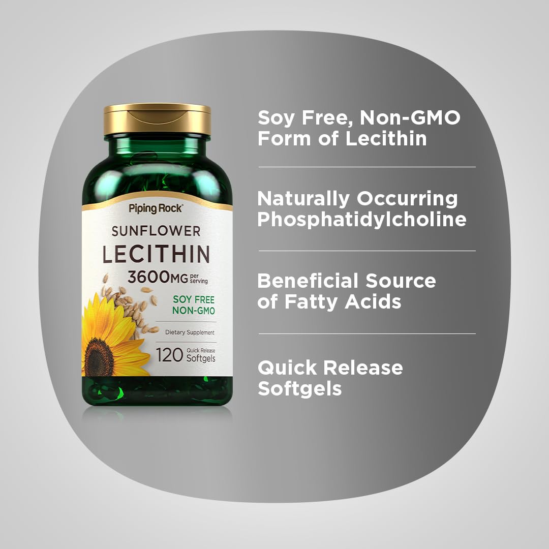 Piping Rock Sunflower Lecithin Softgel Capsules 3600 mg | 120 Count | Phosphatidylcholine | Soy Free, Non-GMO, Gluten Free (Pack of 2)