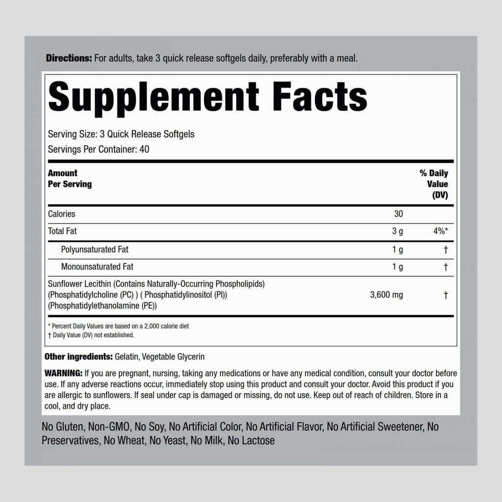 Piping Rock Sunflower Lecithin Softgel Capsules | 3600 mg | 120 Pills | Phosphatidylcholine Rich | Soy Free, Non-GMO, Gluten Free