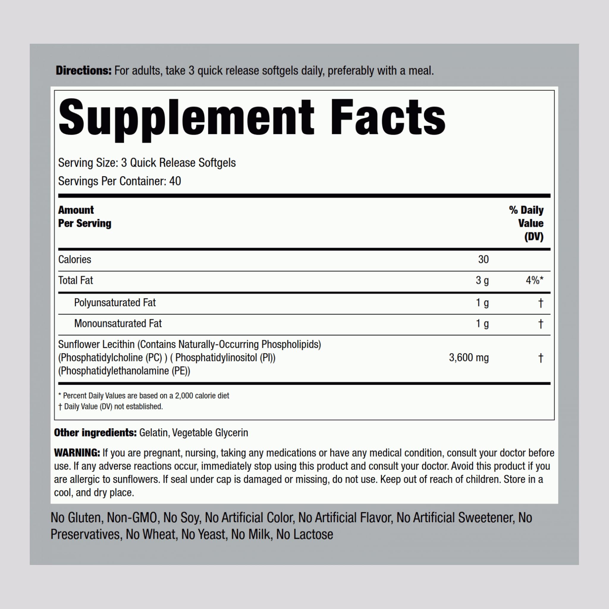 Piping Rock Sunflower Lecithin Softgel Capsules | 3600 mg | 120 Pills | Phosphatidylcholine Rich | Soy Free, Non-GMO, Gluten Free