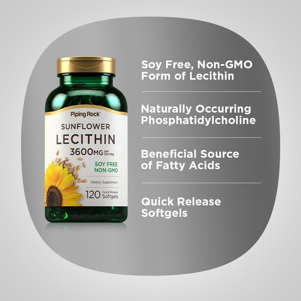 Piping Rock Sunflower Lecithin Softgel Capsules | 3600 mg | 120 Pills | Phosphatidylcholine Rich | Soy Free, Non-GMO, Gluten Free