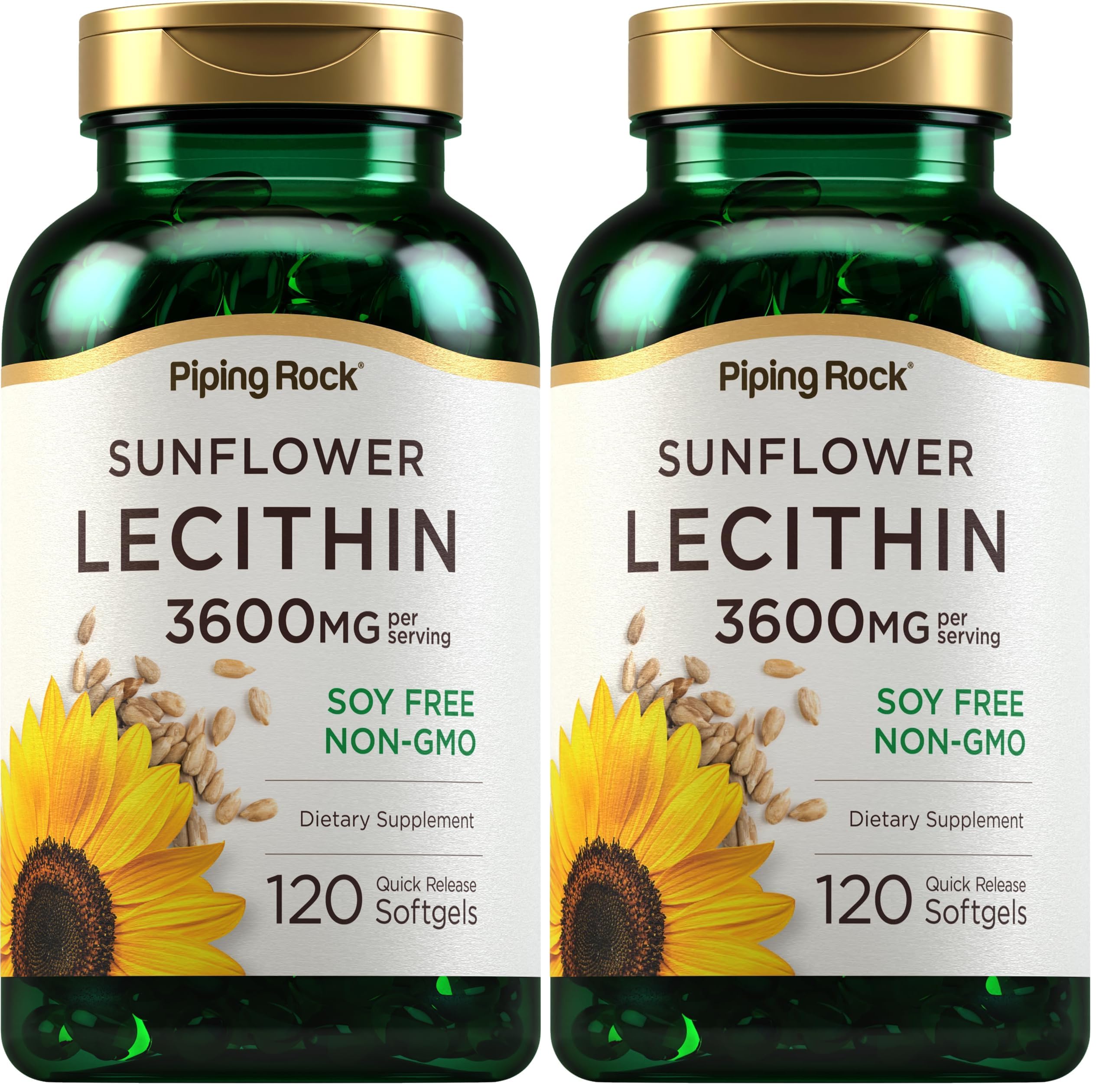 Piping Rock Sunflower Lecithin Softgel Capsules 3600 mg | 120 Count | Phosphatidylcholine | Soy Free, Non-GMO, Gluten Free (Pack of 2)