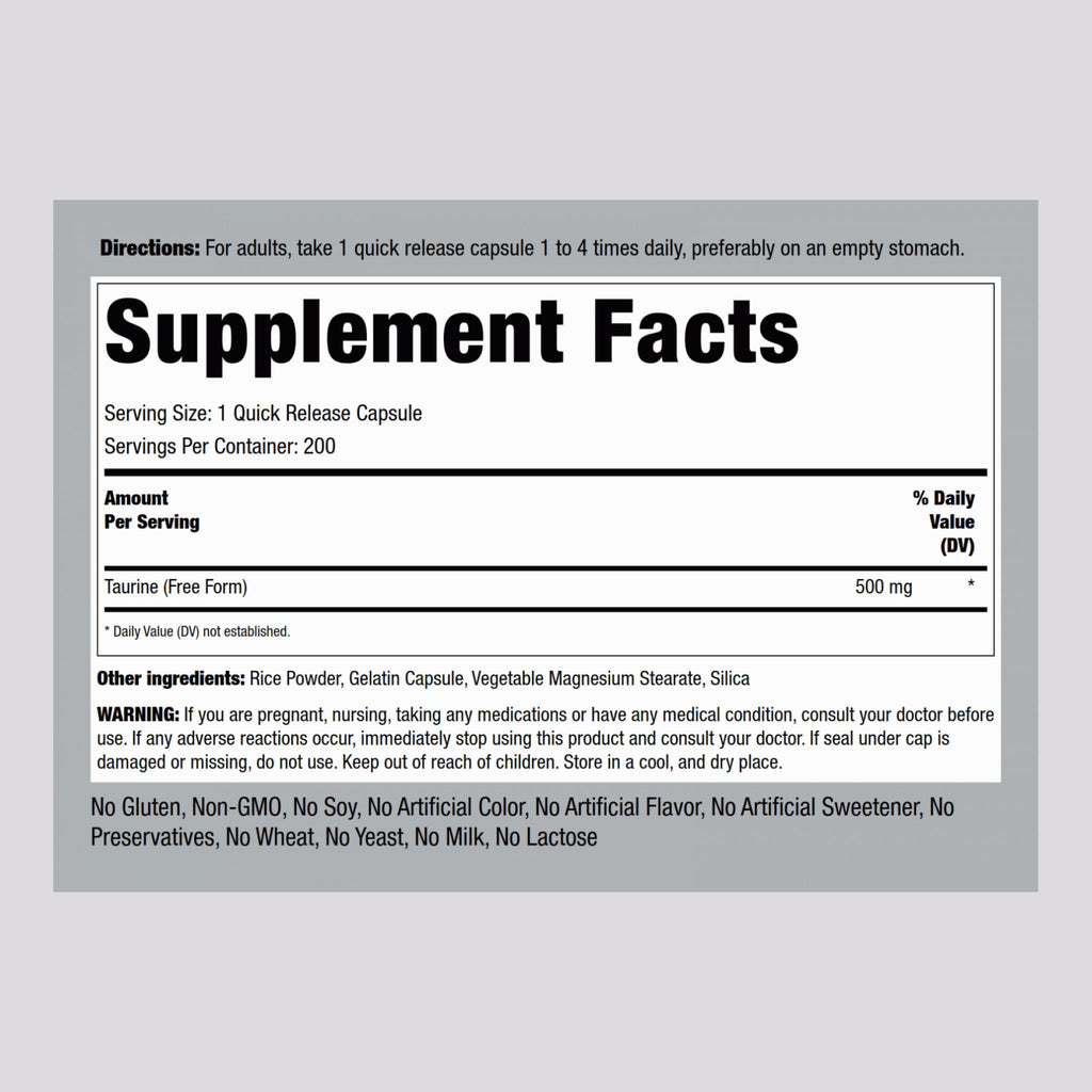 Piping Rock Taurine Supplement 500 mg | 200 Capsules | Amino Acid | Free Form | Non-GMO & Gluten Free (Pack of 2)
