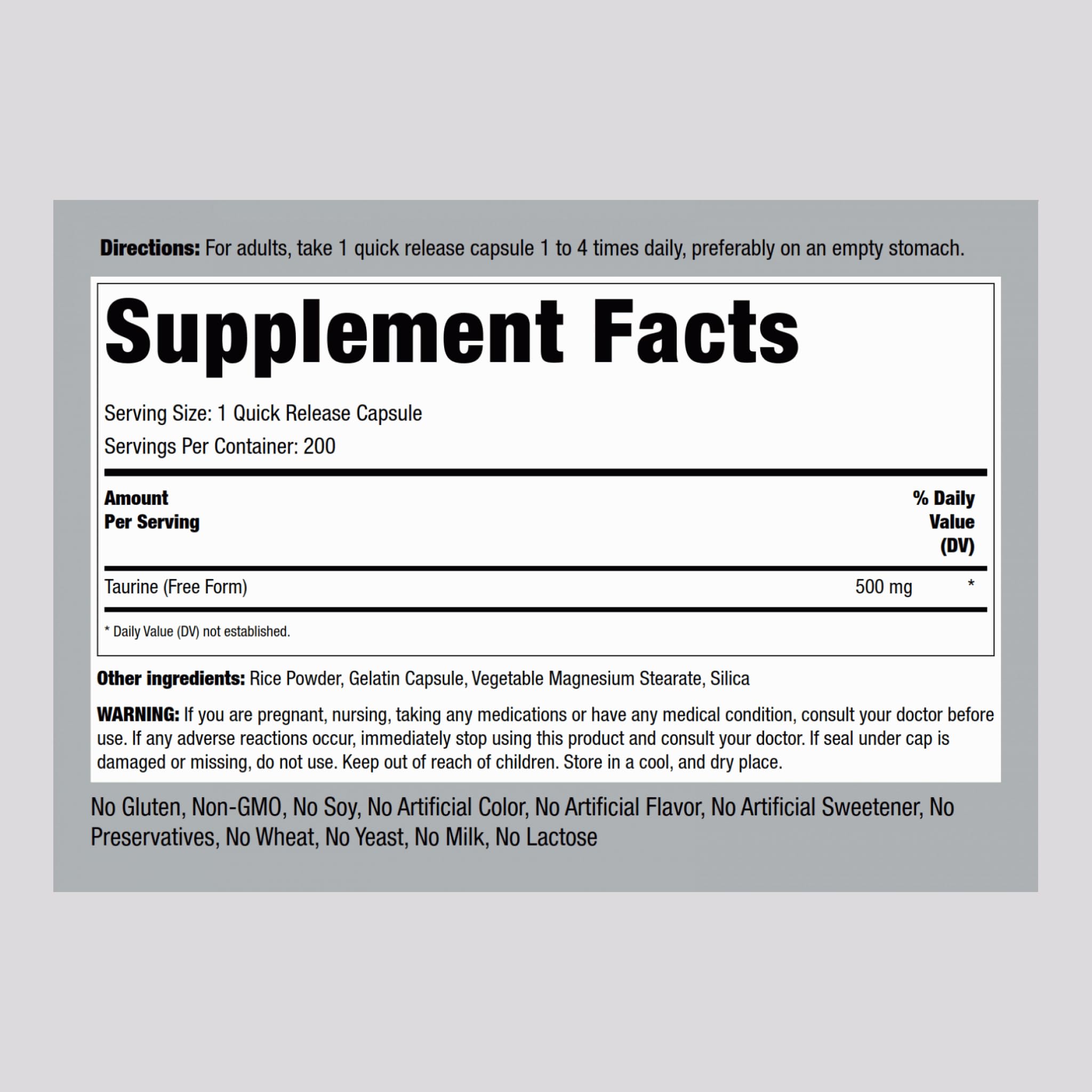 Piping Rock Taurine Supplement 500 mg | 200 Capsules | Amino Acid | Free Form | Non-GMO & Gluten Free (Pack of 2)