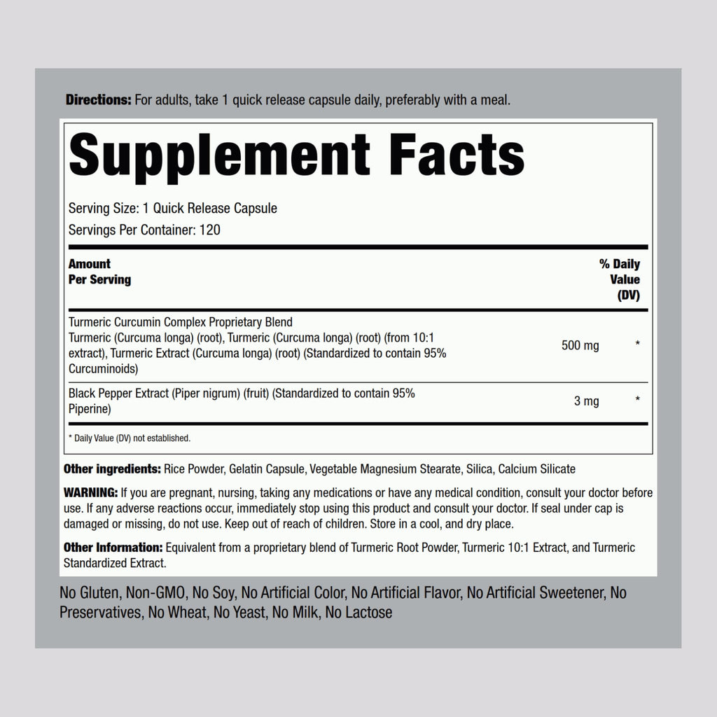 Piping Rock Turmeric Curcumin with Black Pepper 500mg | 120 Capsules | Non-GMO, Gluten Free
