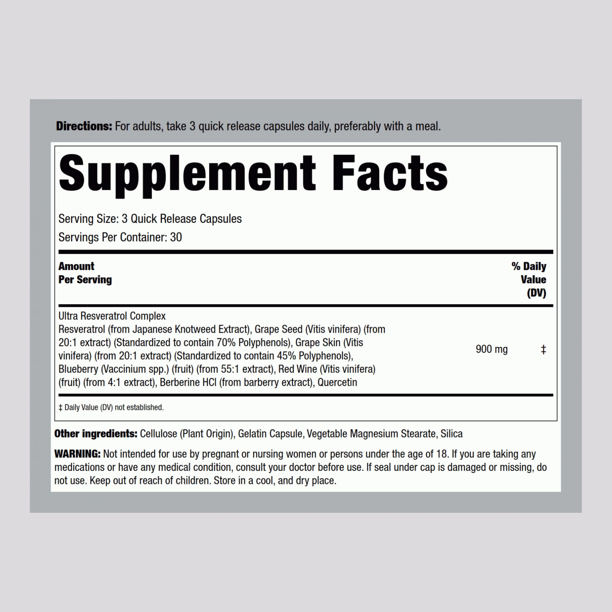 Piping Rock Resveratrol Berberine Grape Seed & Quercetin Complex – 90 Capsules | Non-GMO, Gluten Free