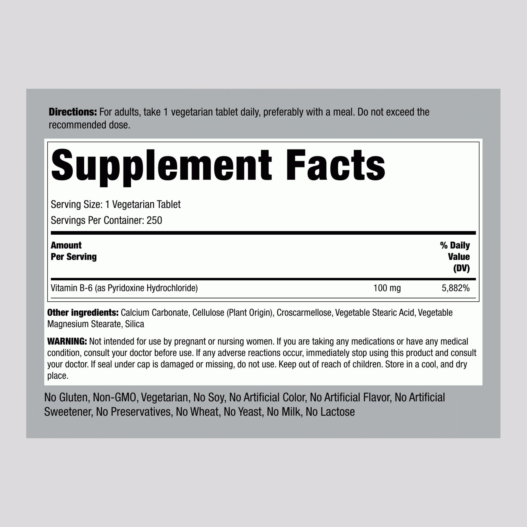 Piping Rock Vitamin B-6 100mg Supplement – 250 Tablets – Pyridoxine Hydrochloride – Non-GMO & Vegetarian (Pack of 2)
