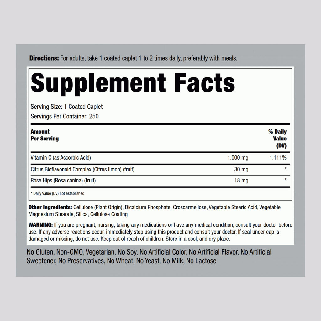 Piping Rock Vitamin C 1000mg - 250 Caplets | Bioflavonoids & Rose Hips | Vegetarian, Non-GMO, Gluten Free | Pack of 2