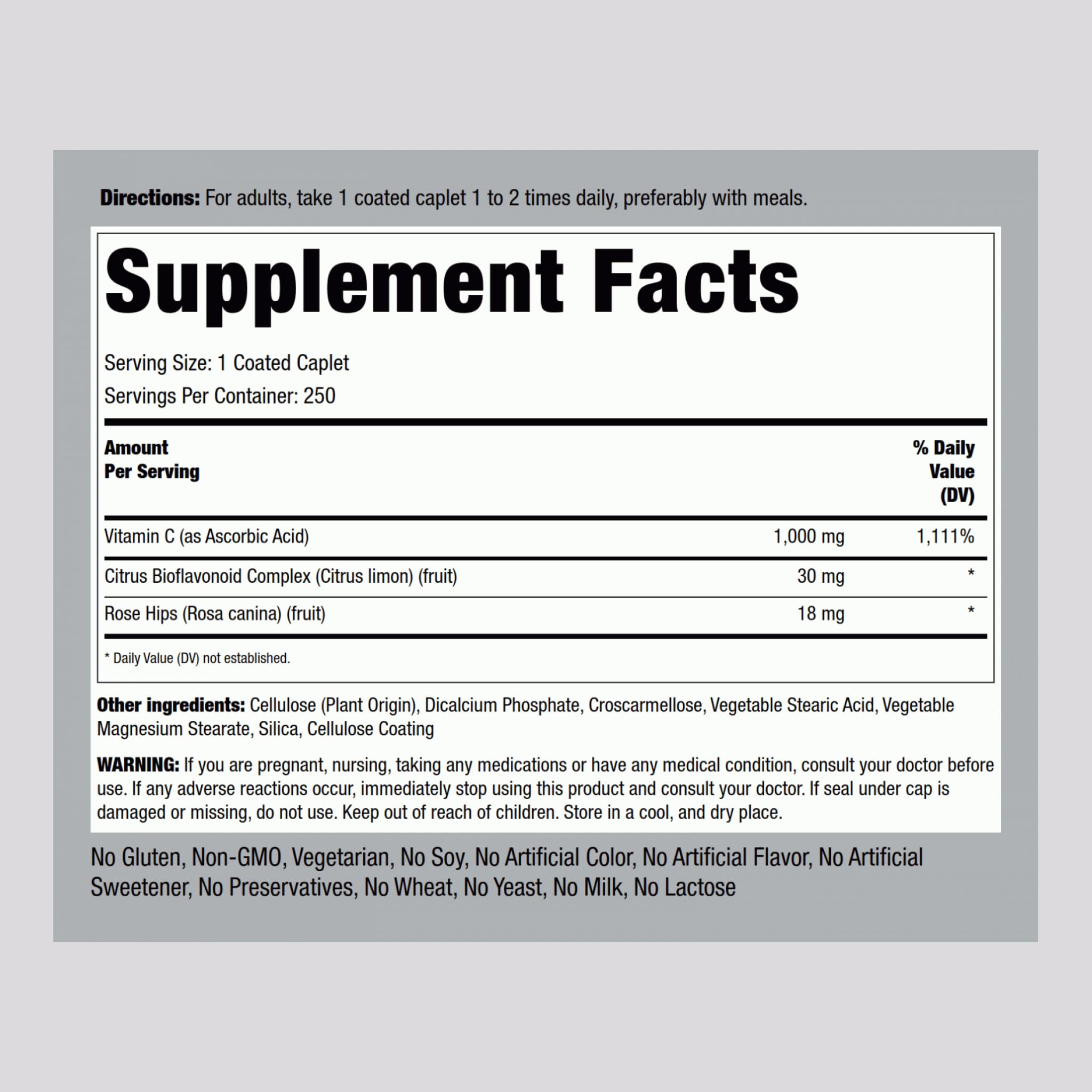 Piping Rock Vitamin C 1000mg - 250 Caplets | Bioflavonoids & Rose Hips | Vegetarian, Non-GMO, Gluten Free | Pack of 2