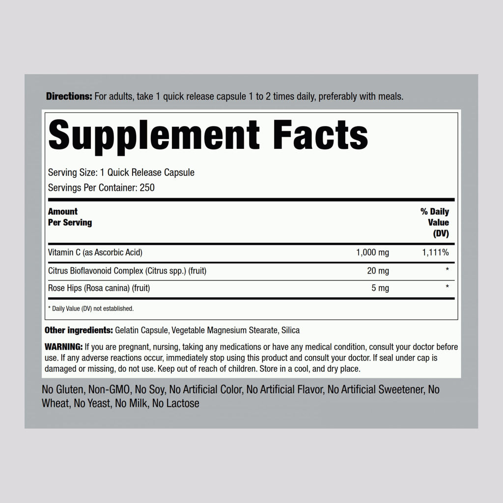 Piping Rock Vitamin C 1000mg – 250 Capsules | Bioflavonoids & Rose Hips | Pack of 2 | Non-GMO, Gluten Free
