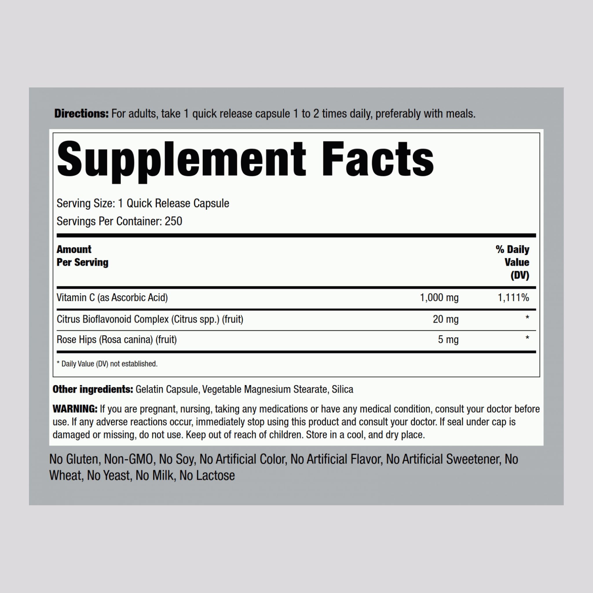 Piping Rock Vitamin C 1000mg – 250 Capsules | Bioflavonoids & Rose Hips | Pack of 2 | Non-GMO, Gluten Free