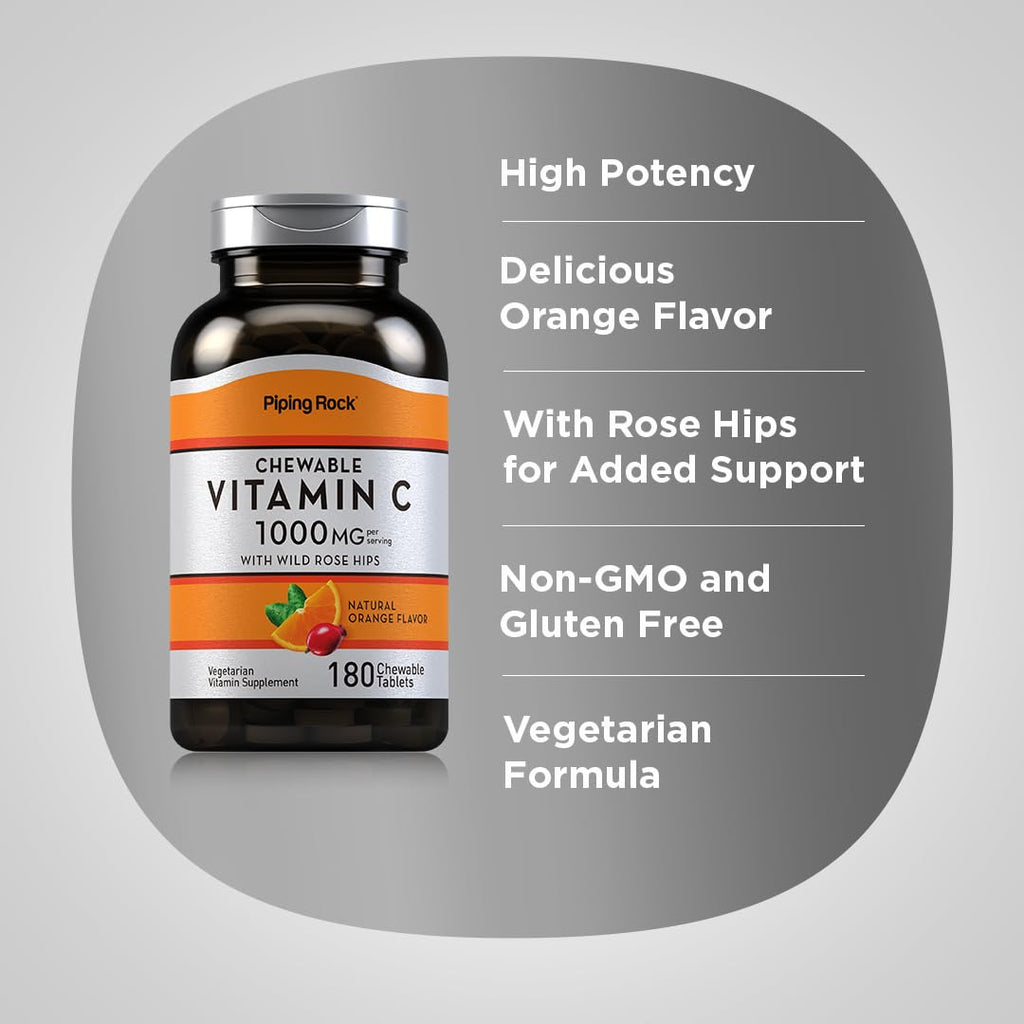 Piping Rock Vitamin C Chewable 1000mg – 180 Tablets (Orange) Pack of 2