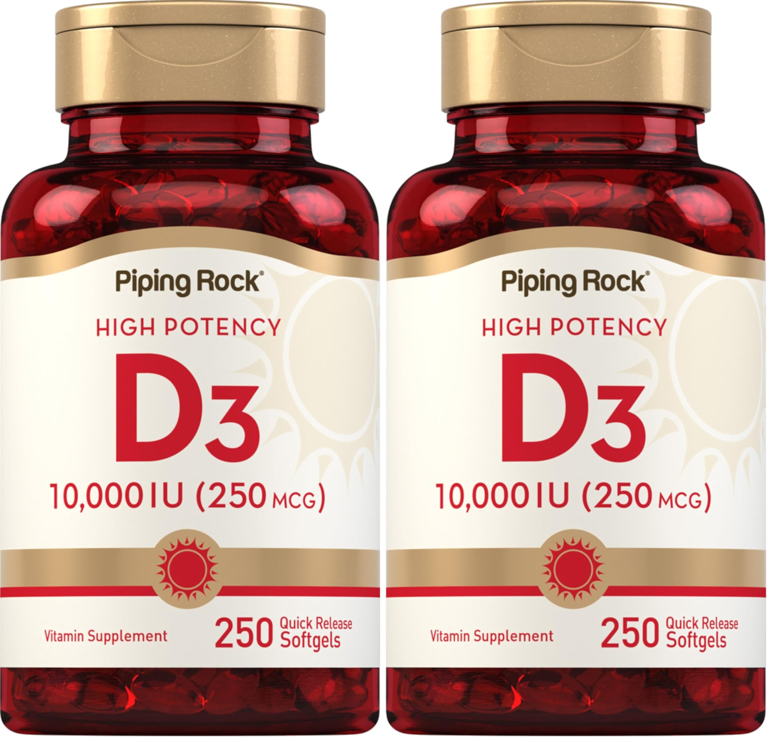 Piping Rock Vitamin D3 10,000 IU | 250 mcg, 250 Softgels | Pack of 2 | Non-GMO & Gluten Free
