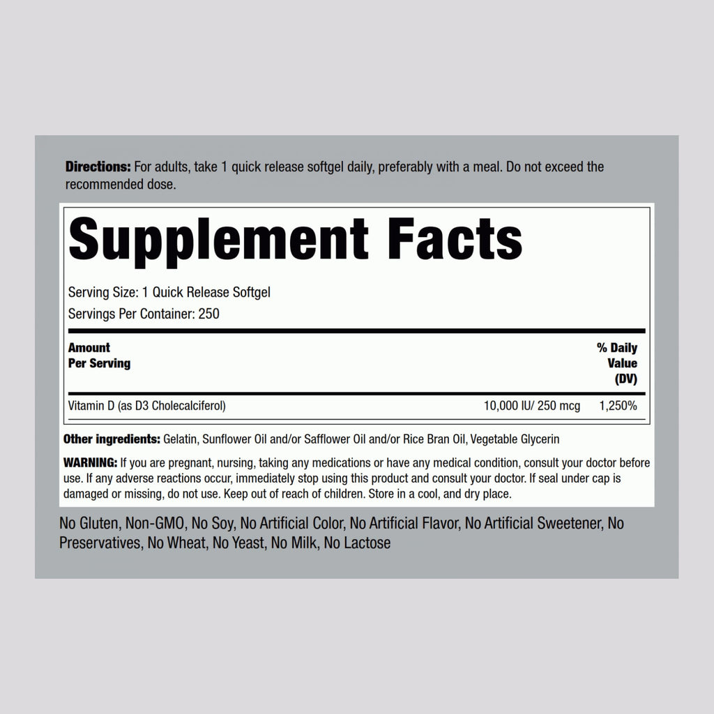 Piping Rock Vitamin D3 10,000 IU | 250 mcg, 250 Softgels | Pack of 2 | Non-GMO & Gluten Free