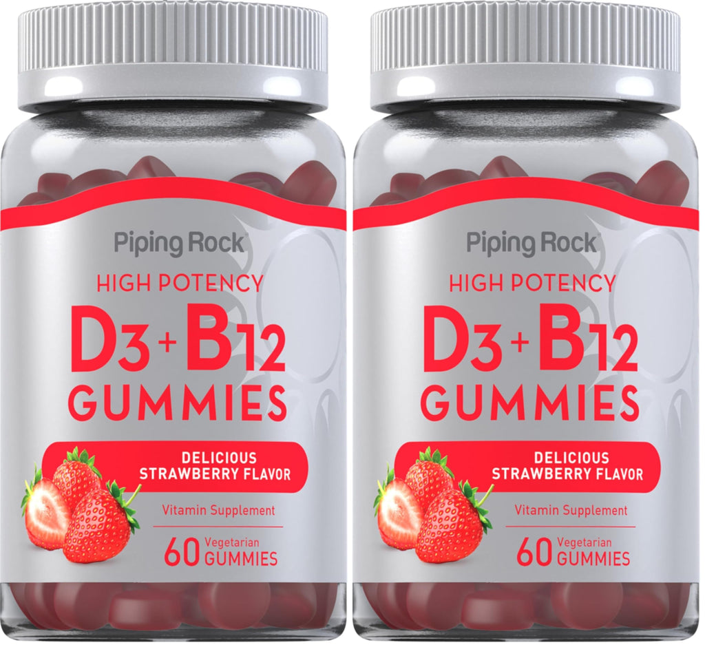 Piping Rock Vitamin D3 & B12 Gummies – 60 Count (Pack of 2) | High Potency, Strawberry Flavor, Vegetarian, Non-GMO, Gluten Free