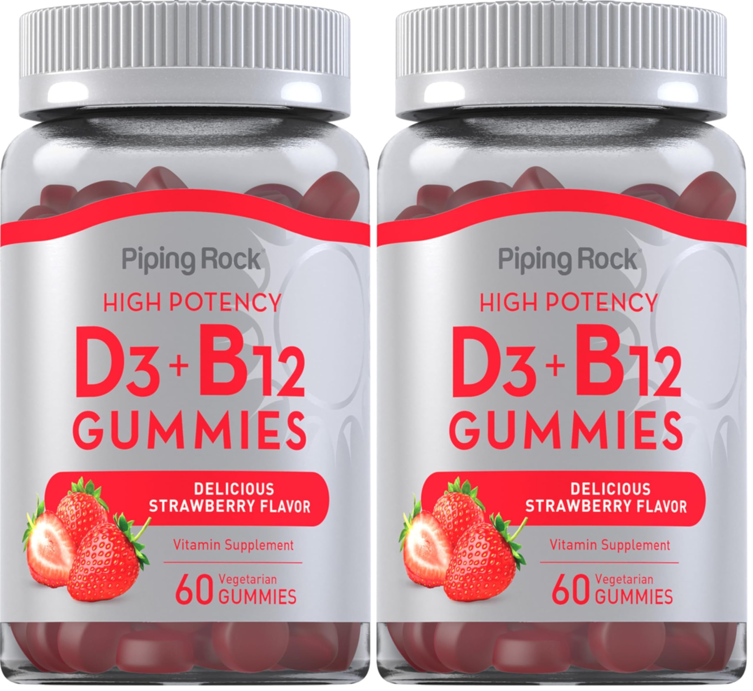 Piping Rock Vitamin D3 & B12 Gummies – 60 Count (Pack of 2) | High Potency, Strawberry Flavor, Vegetarian, Non-GMO, Gluten Free
