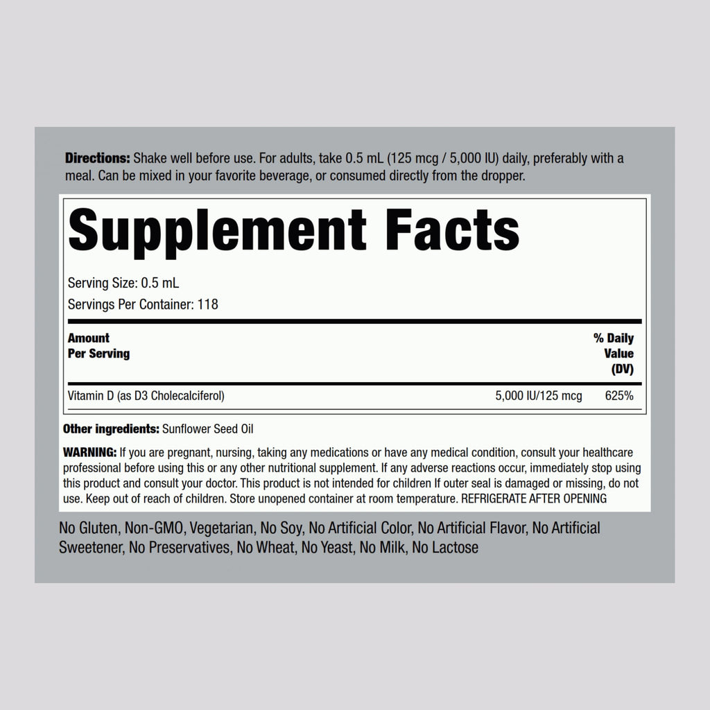 Piping Rock Vitamin D3 Liquid 5000 IU (125 mcg) - 2 oz | Vitamin D Drops for Adults | Vegetarian, Non-GMO, Gluten Free | Pack of 2