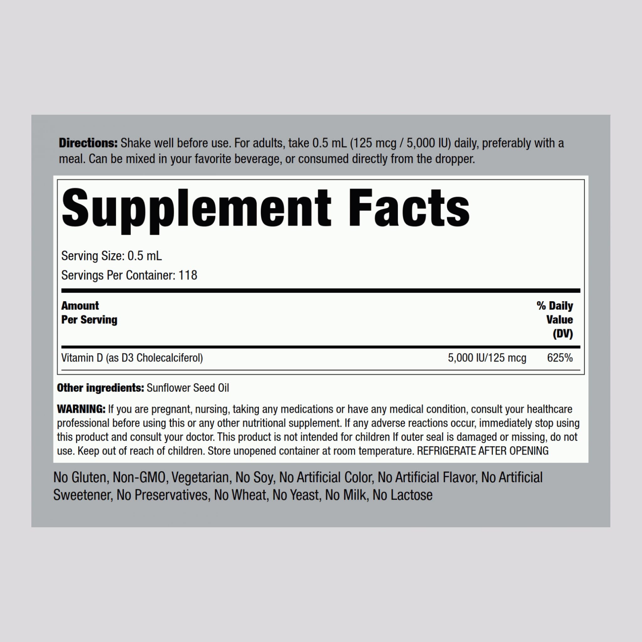 Piping Rock Vitamin D3 Liquid 5000 IU (125 mcg) - 2 oz | Vitamin D Drops for Adults | Vegetarian, Non-GMO, Gluten Free | Pack of 2
