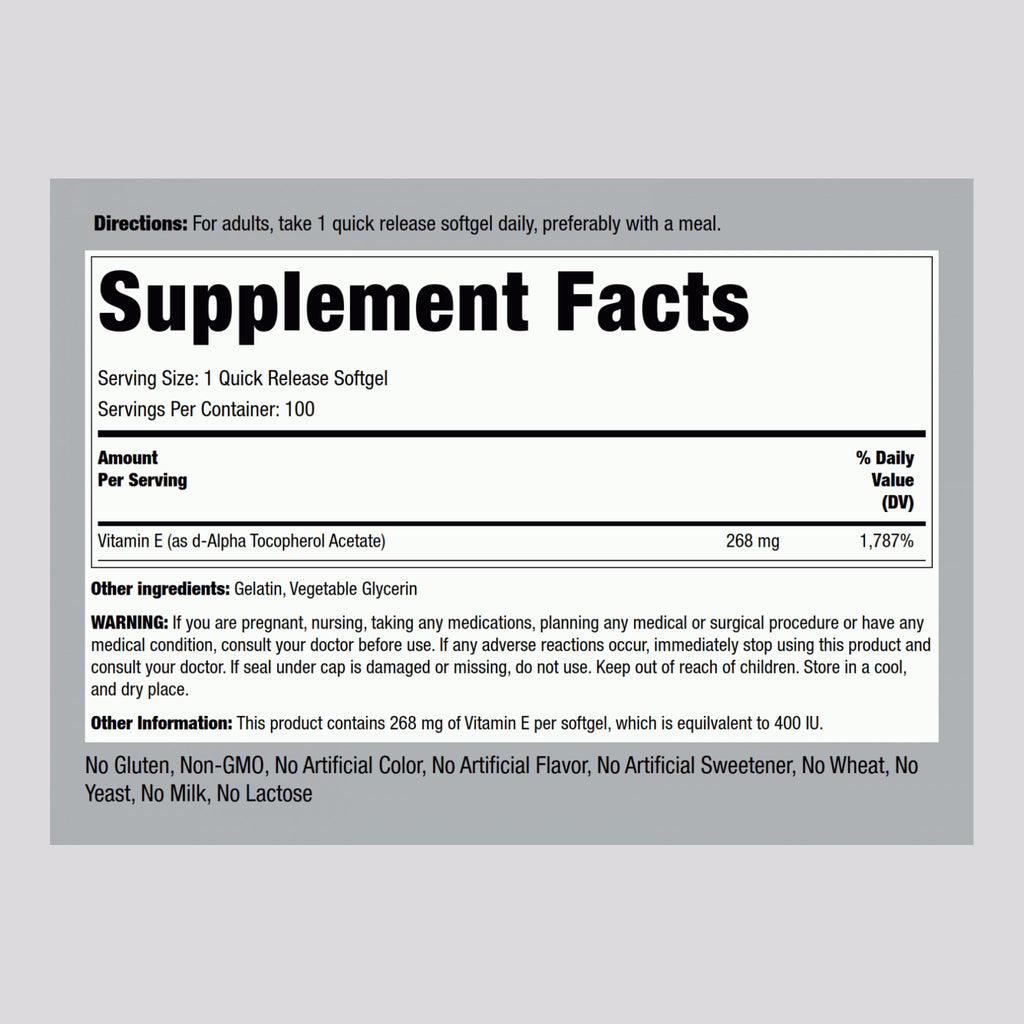 Piping Rock Vitamin E 400 IU Softgels – 100 Softgels | Non-GMO, Gluten Free