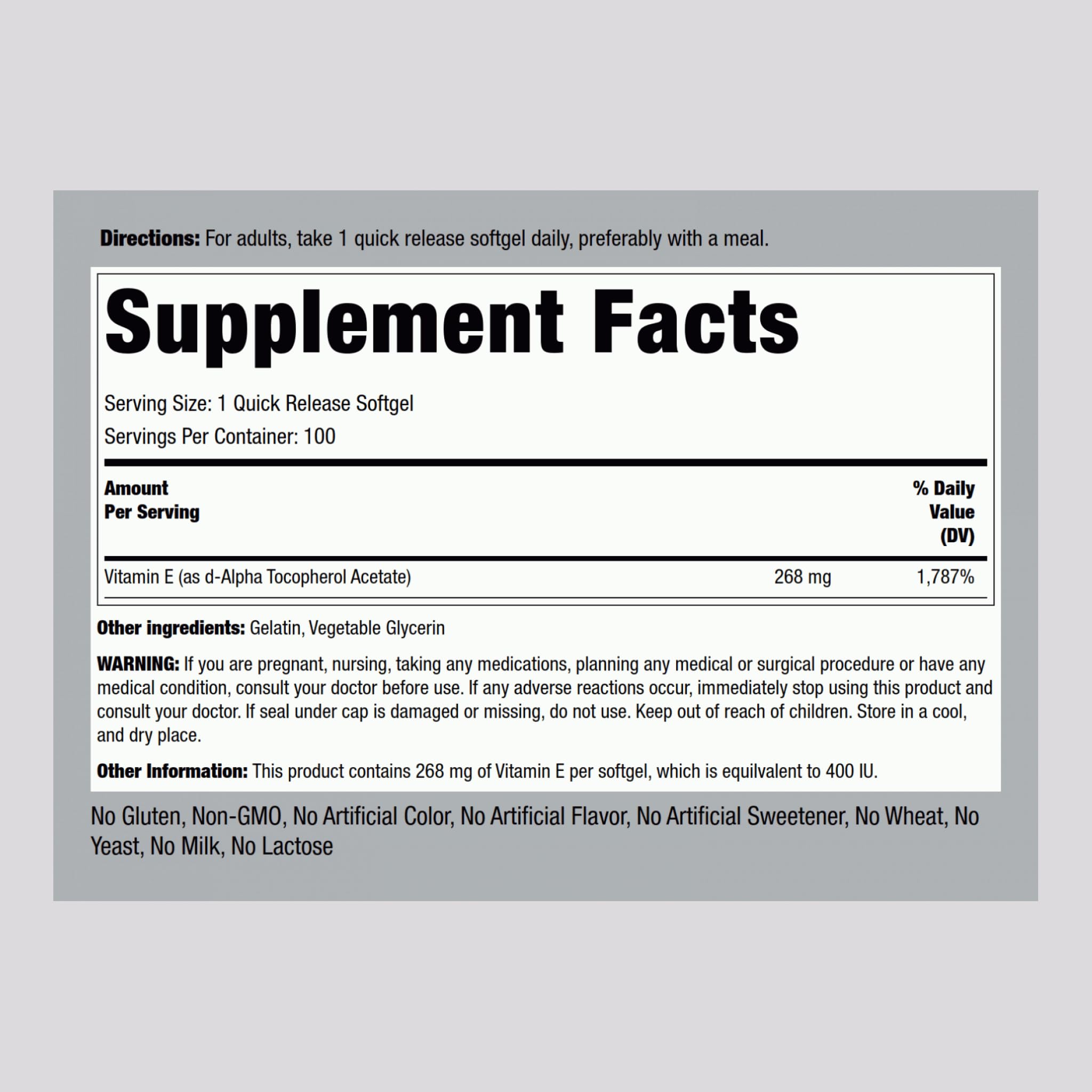 Piping Rock Vitamin E 400 IU Softgels – 100 Softgels | Non-GMO, Gluten Free