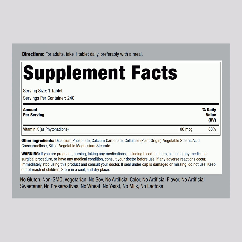Piping Rock Vitamin K 100 mcg – 240 Tablets (Pack of 2) | Phytonadione
