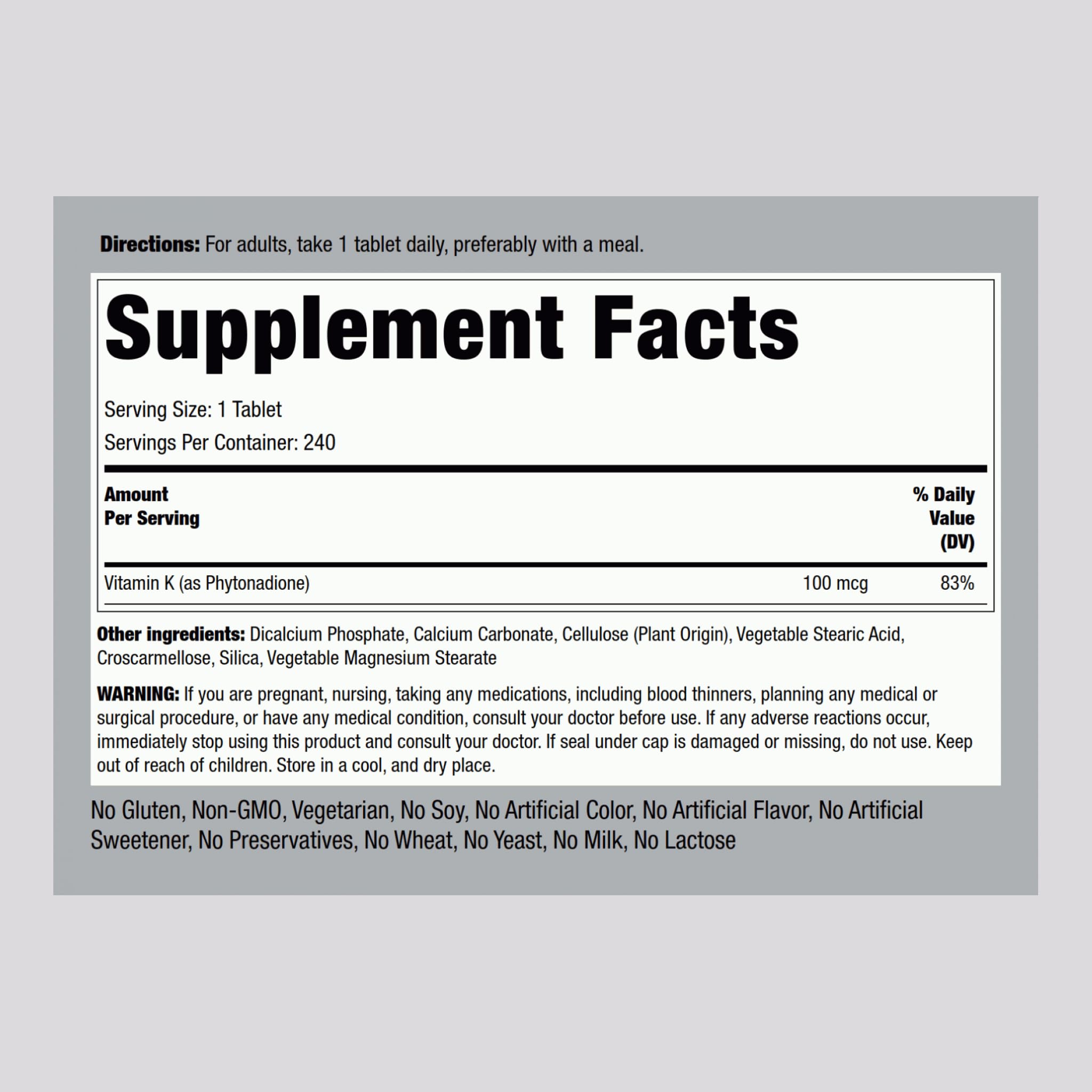 Piping Rock Vitamin K 100 mcg – 240 Tablets (Pack of 2) | Phytonadione