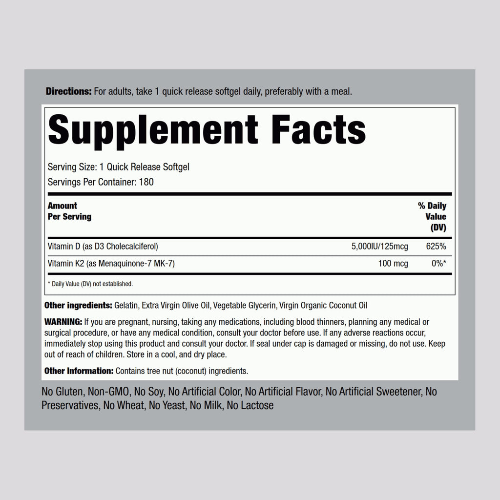 Piping Rock Vitamin K2 D3 MK7 – 100 mcg K2, 180 Softgels (Pack of 2) – Non-GMO, Gluten Free