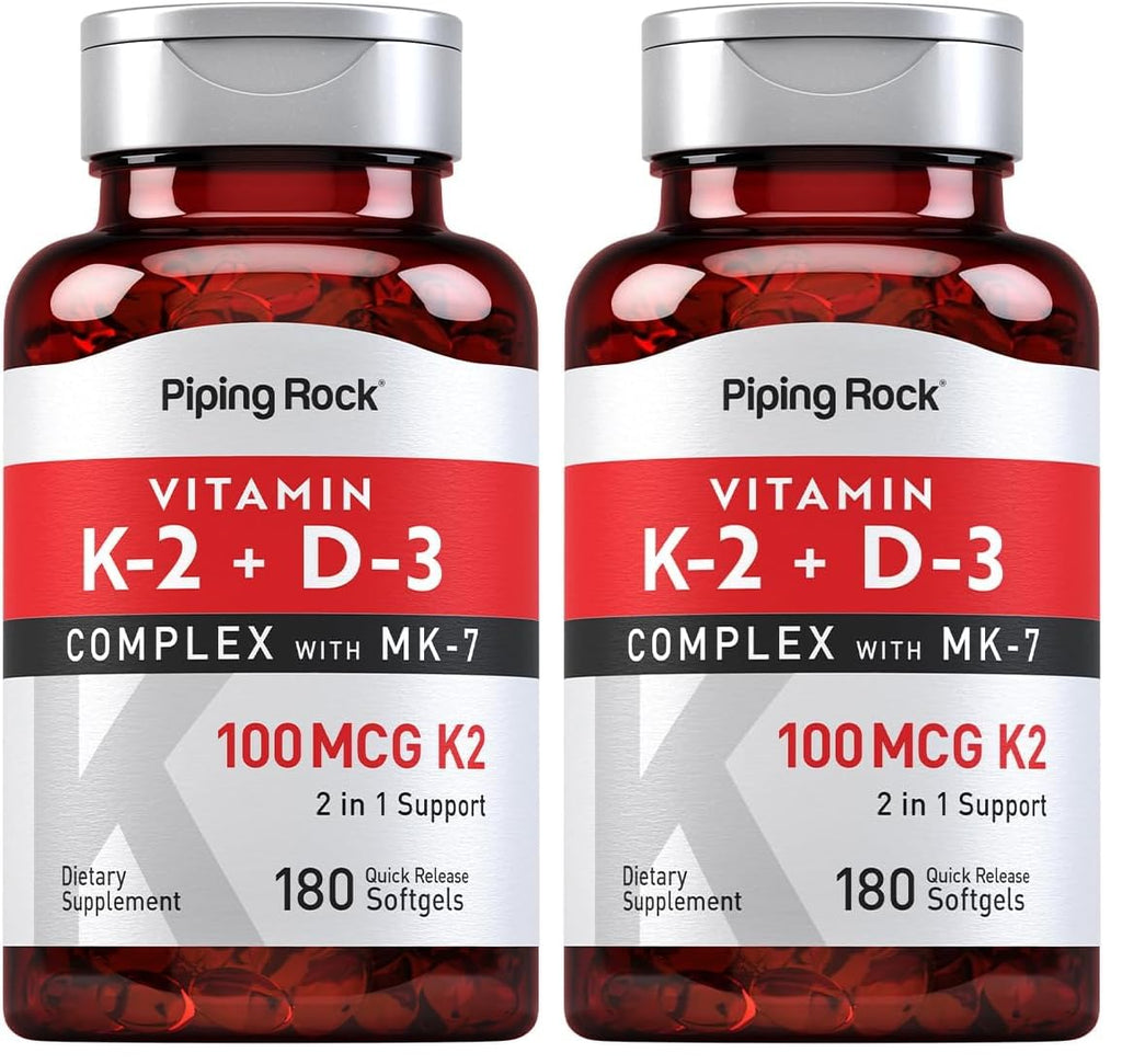 Piping Rock Vitamin K2 D3 MK7 – 100 mcg K2, 180 Softgels (Pack of 2) – Non-GMO, Gluten Free