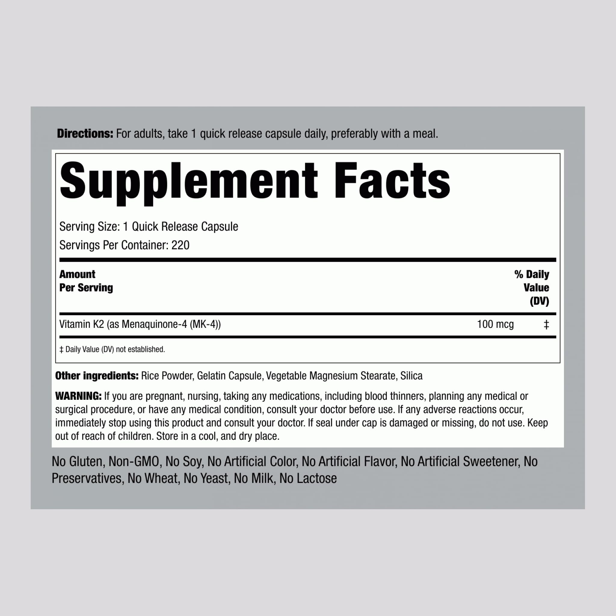 Piping Rock Vitamin K2 MK4 Supplement 100 mcg - 220 Capsules Pack of 2 | Non-GMO & Gluten Free