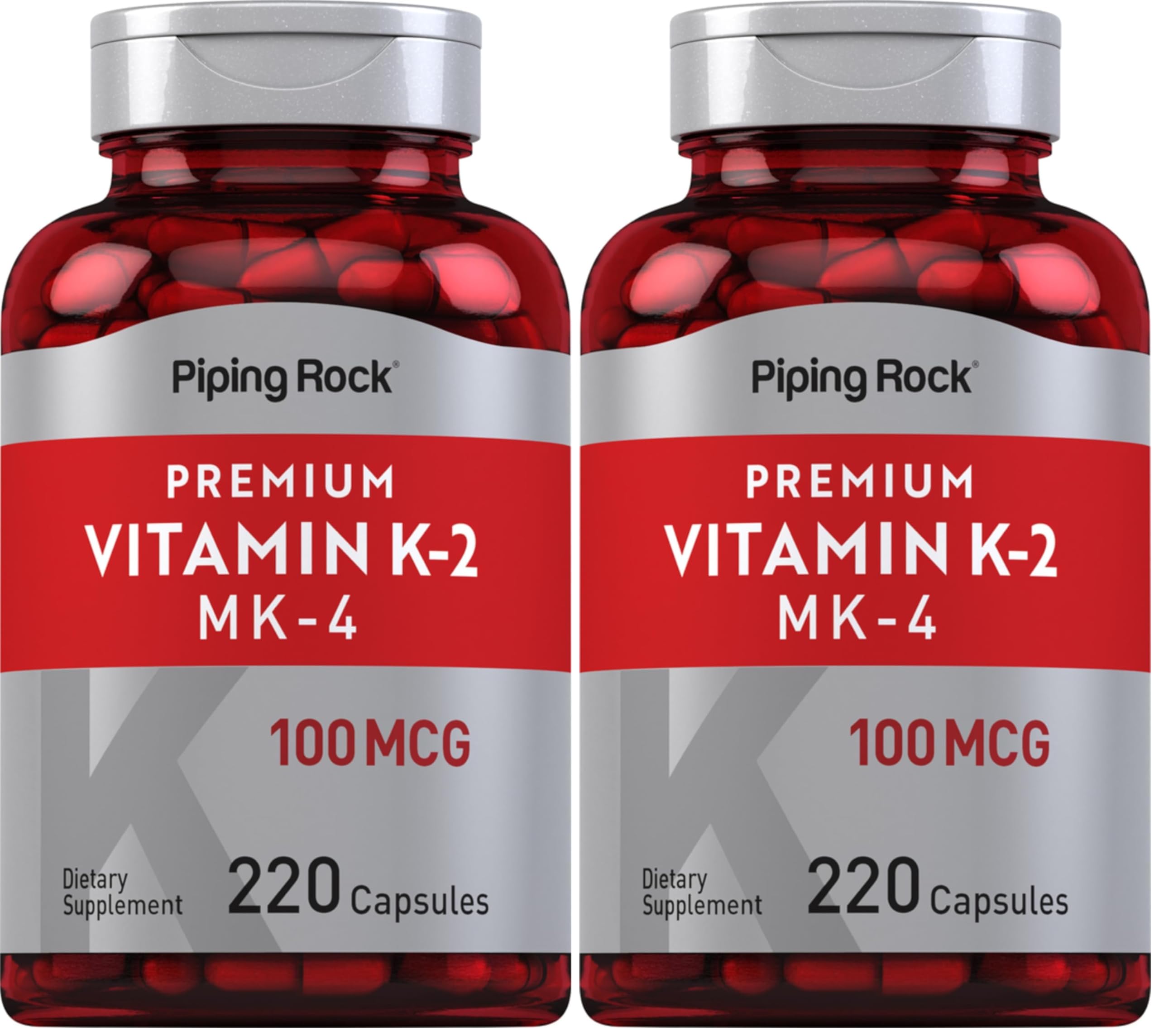 Piping Rock Vitamin K2 MK4 Supplement 100 mcg - 220 Capsules Pack of 2 | Non-GMO & Gluten Free