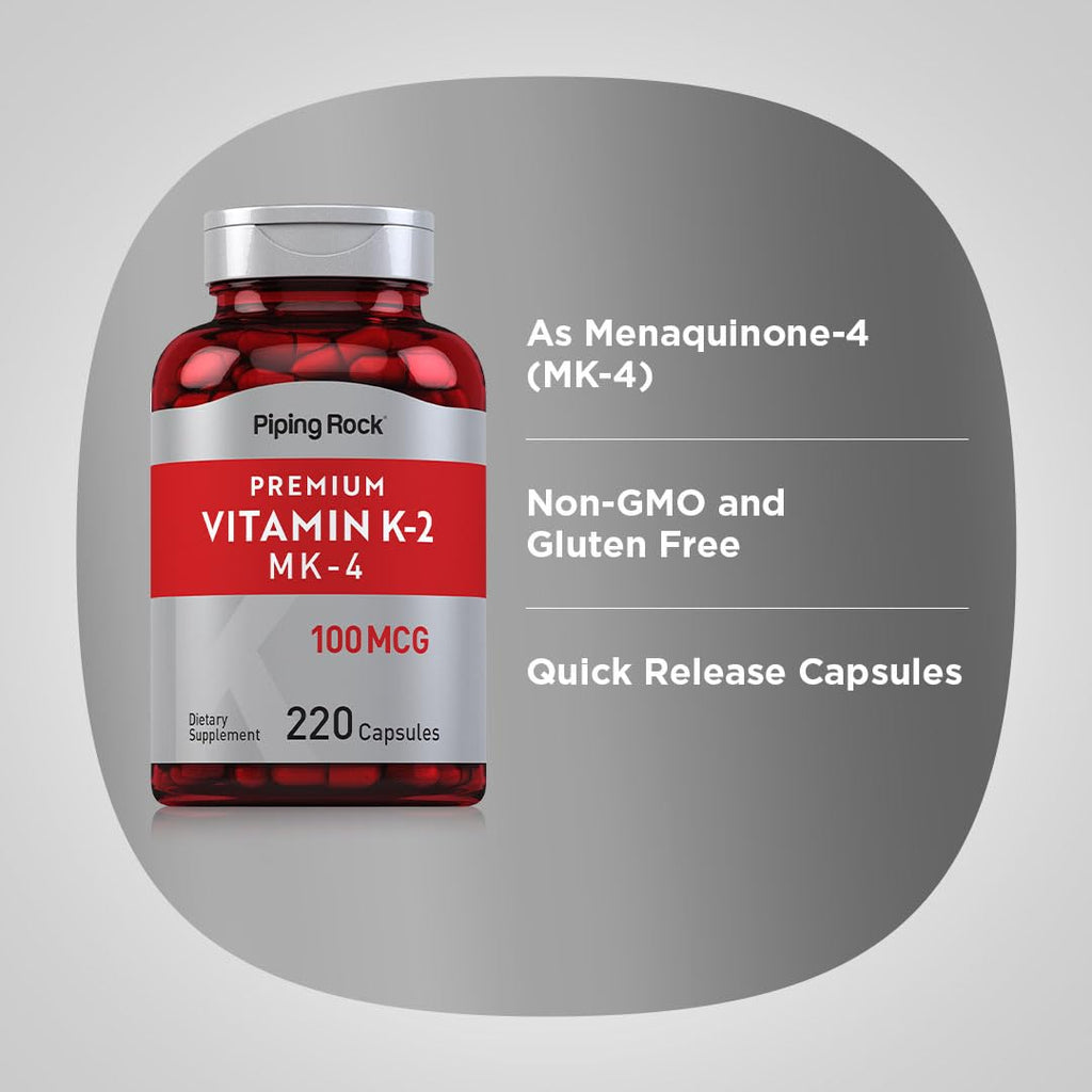 Piping Rock Vitamin K2 MK4 Supplement 100 mcg - 220 Capsules Pack of 2 | Non-GMO & Gluten Free