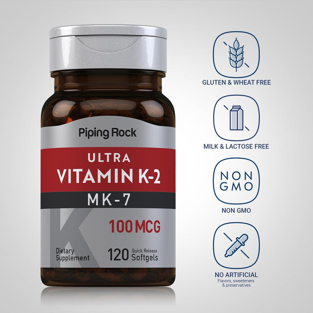 Piping Rock Vitamin K2 MK7 100 mcg - 120 Softgels (Pack of 2) | Non-GMO Gluten Free