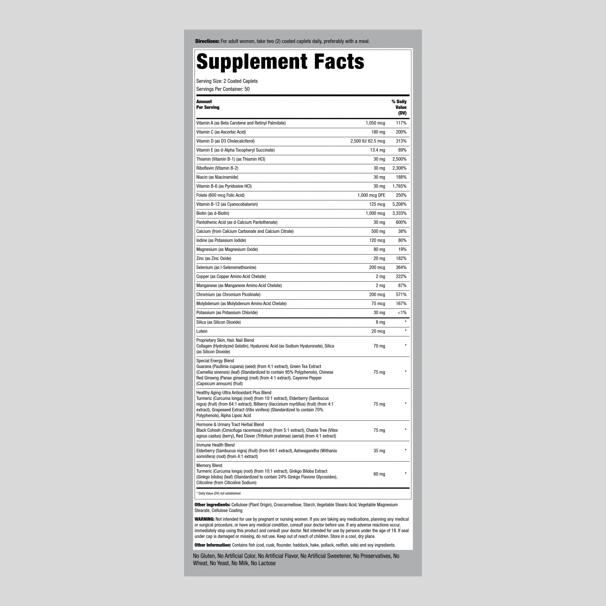 Piping Rock Women's Multivitamin 50+ (Pack of 2) – 100 Coated Caplets | Non-GMO, Gluten Free