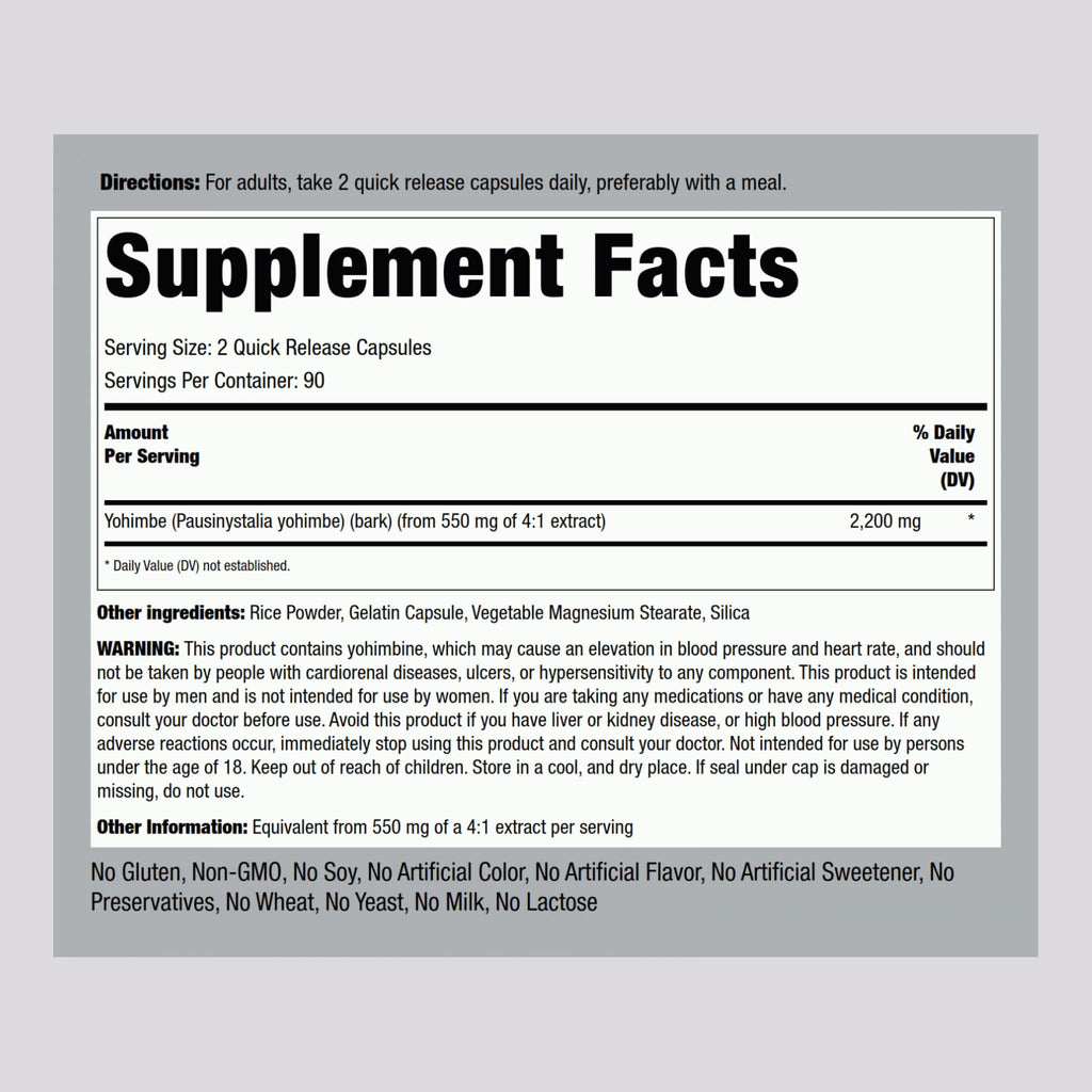 Piping Rock Yohimbe Supplements for Men | 2200 mg | 180 Capsules | Max Concentrated Extract | Non-GMO, Gluten Free Supplement