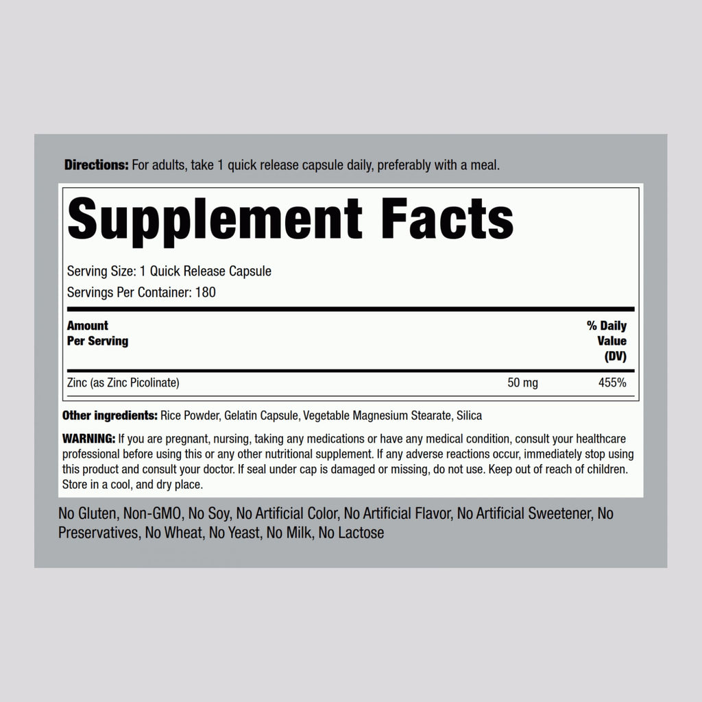 Piping Rock Zinc Picolinate 50mg - 180 Capsules (Non-GMO, Gluten Free)