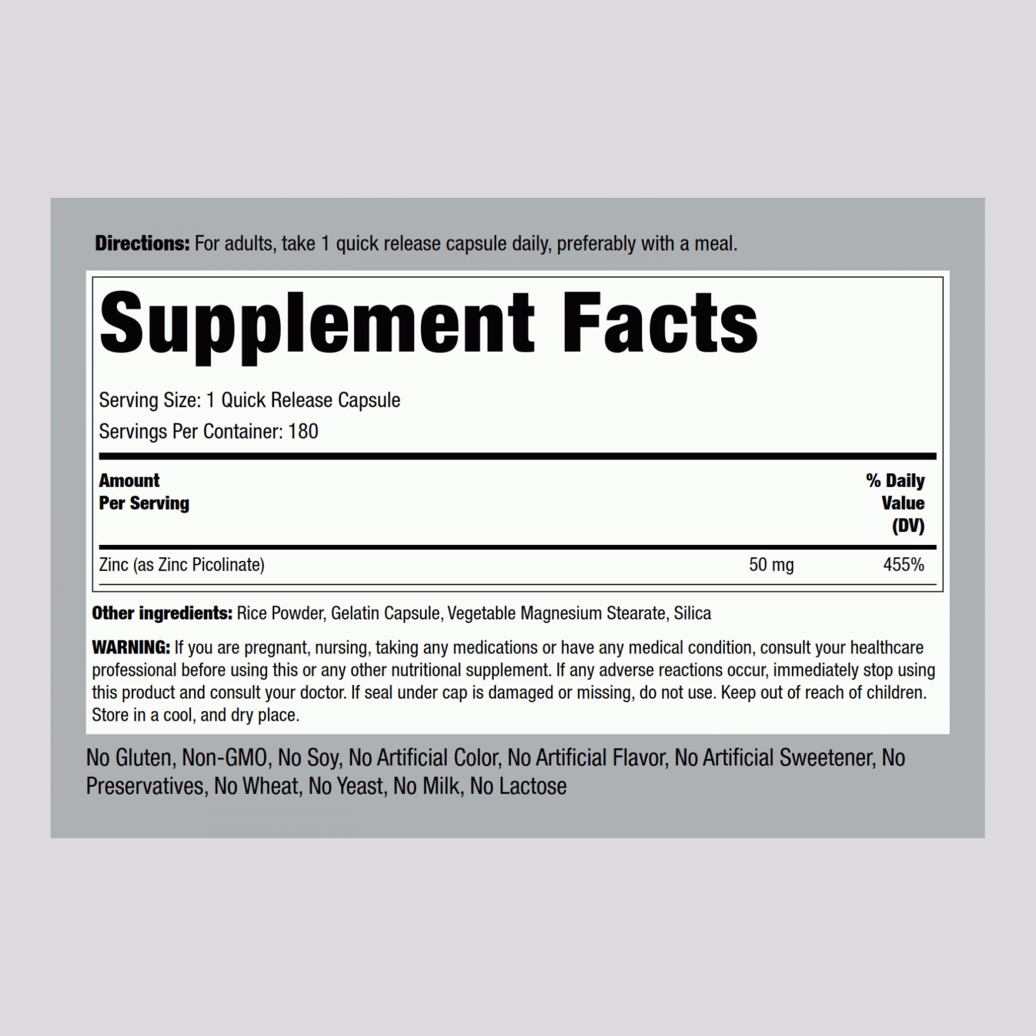 Piping Rock Zinc Picolinate 50mg - 180 Capsules (Non-GMO, Gluten Free)