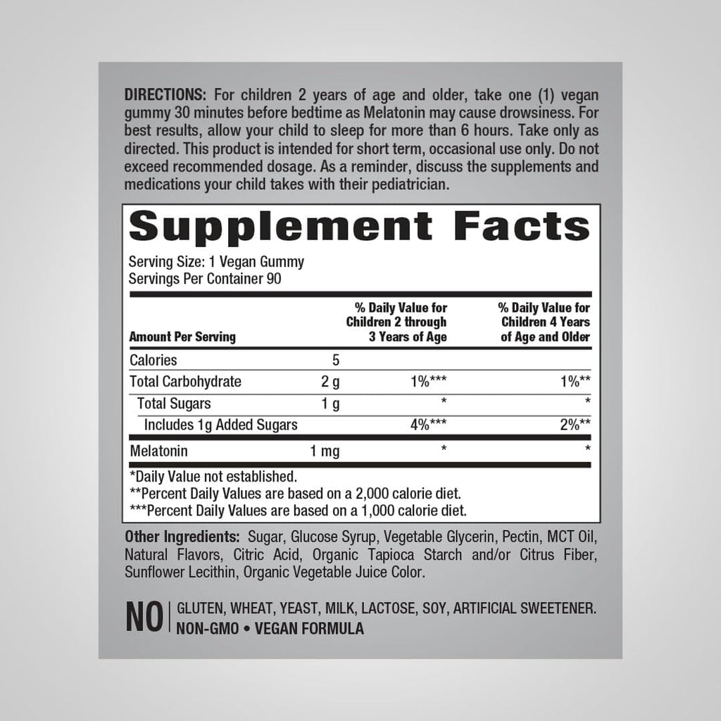 Piping Rock Kids Melatonin Gummy 1mg – Cherry, 90 Gummies | Vegan, Non-GMO, Gluten Free (Pack of 2)