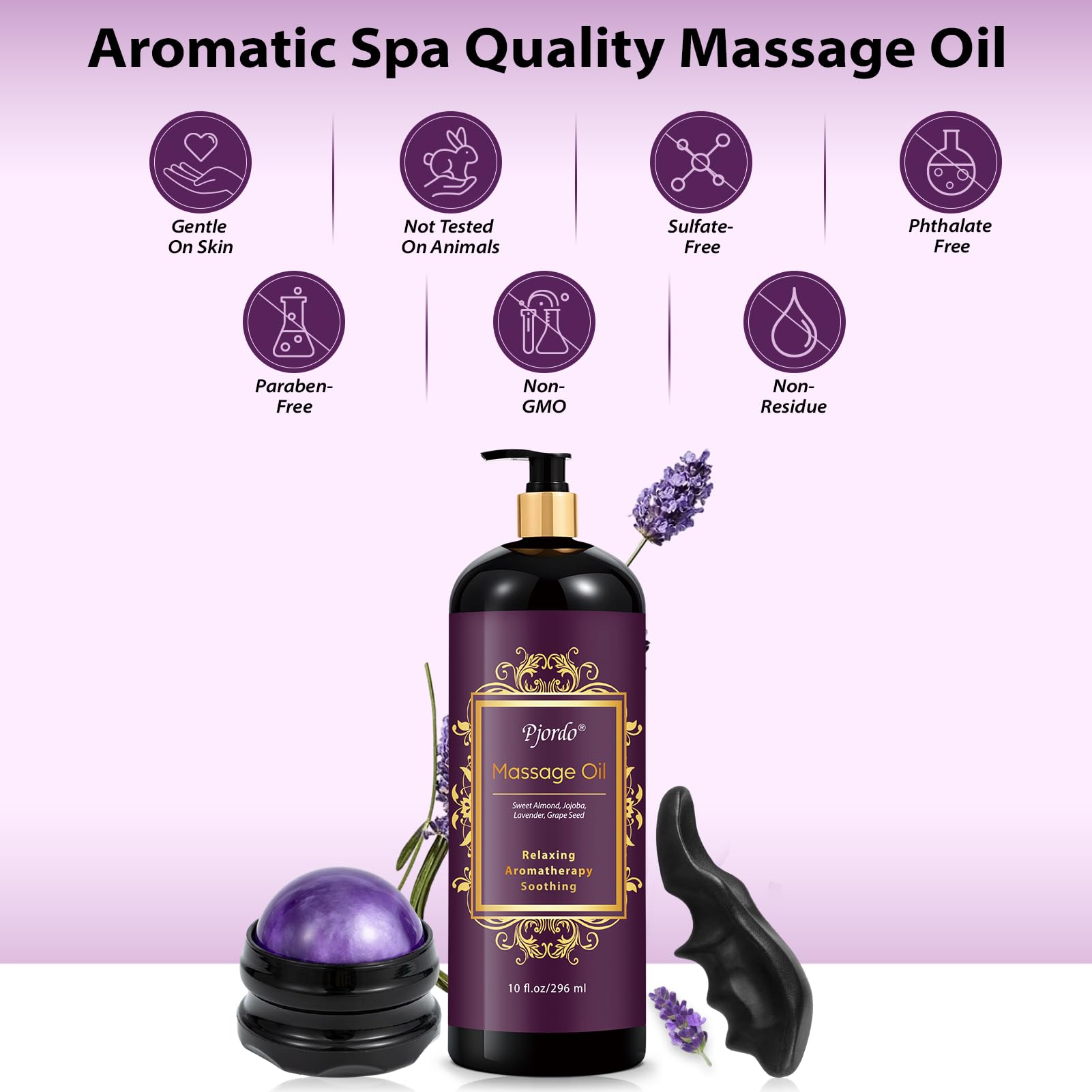 Pjordo Aromatherapy Lavender Massage Oil - Calming, Soothing Spa Oil 10 oz